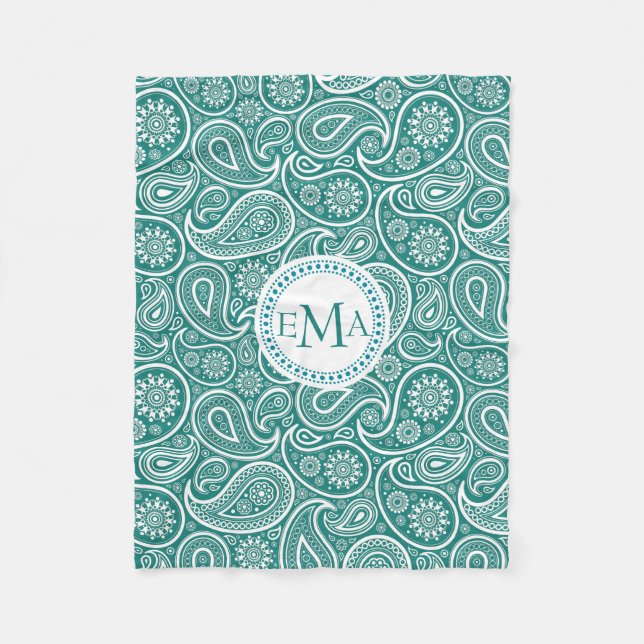 Mit Monogramm Weiß & Blau-Grün Retro Paisley Fleecedecke (Vorderseite)
