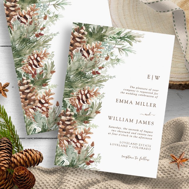 Mit Monogramm Winterhochzeit Einladung (Monogrammed Outdoor Evergreen Pine White Wedding Invitation by Painted Paperie
)