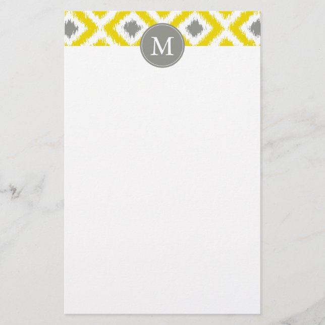 Mit Monogramm Yellow Grau Diamonds Ikat-Muster Briefpapier (Vorderseite)