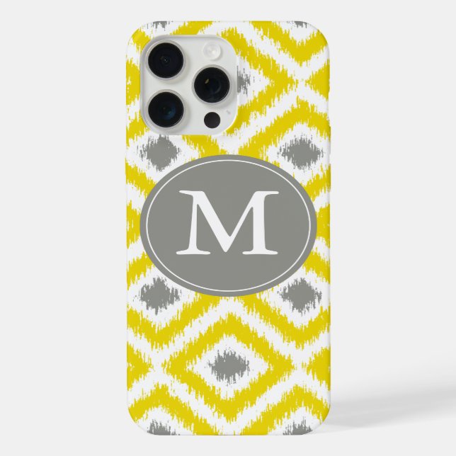 Mit Monogramm Yellow Gray Diamond Ikat Muster iPhone Hülle (Rückseite)