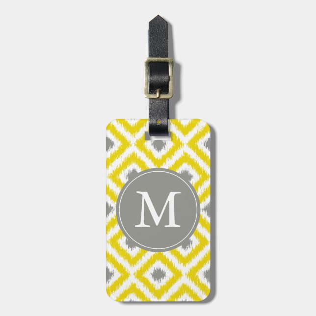 Mit Monogramm Yellow Greonds Ikat Pattern Gepäckanhänger (Vorderseite vertikal)