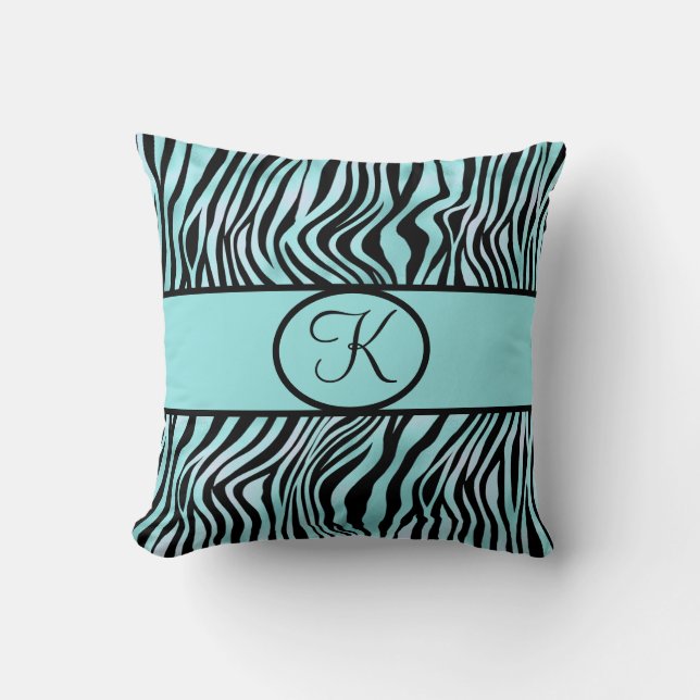 Mit Monogramm Zebra Print Aquamarin Türkis Aqua Bl Kissen (Vorderseite)