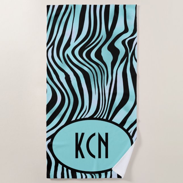Mit Monogramm Zebra Schwarz und Aquamarin Türkis Strandtuch (Vorderseite)