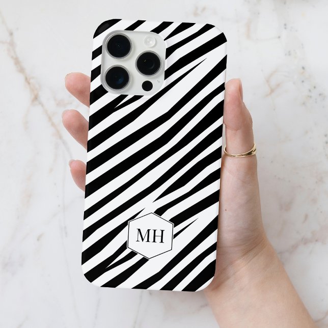 Mit Monogramm Zebra-Schwarz-Weiß-Muster Case-Mate iPhone Hülle (Monogrammed Zebra Black and White Chic Pattern Case-Mate iPhone Case)