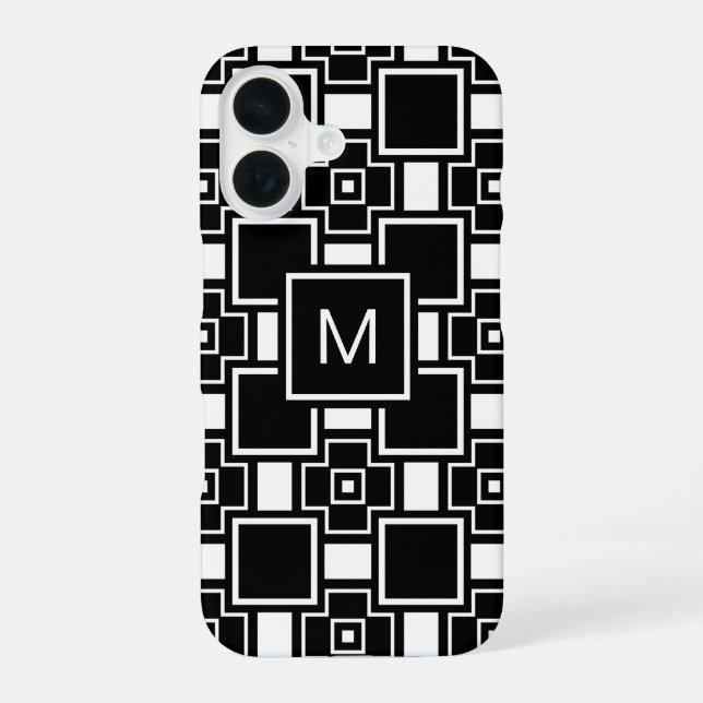 Mit Monogramm zeitgenössisches Schwarzweißmuster iPhone 16 Hülle (Rückseite)