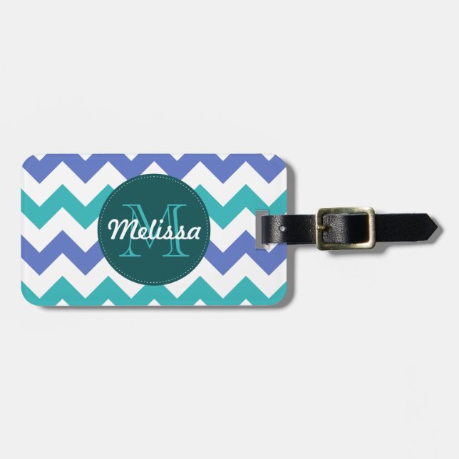 Mit Monogramm Zickzack aquamarine violette Gepäckanhänger (Vorderseite horizontal)