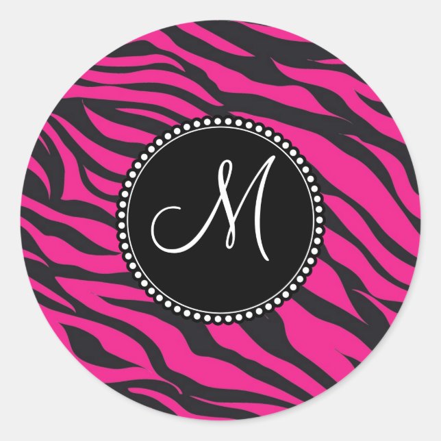 Mit Monogramm, zuerst rosa schwarzes Zebra Runder Aufkleber (Vorderseite)
