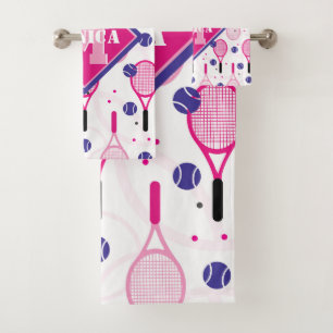 Mit Name und Initial, rosa und lila Tennisschläger Badhandtuch Set