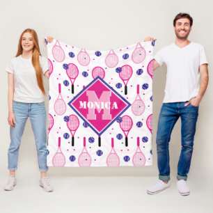 Mit Name und Initial, rosa und lila Tennisschläger Fleecedecke