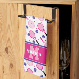 Mit Name und Initial, rosa und lila Tennisschläger Geschirrtuch