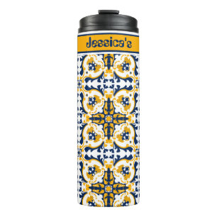 Mit Namen💙💛 Schöne blaue und gelbe Azulejos  Thermosbecher