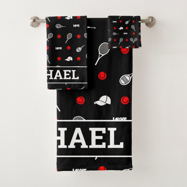 Mit Namen 🎾 schwarz-weiß Tennis 🎾 Badhandtuch Set (Insitu)