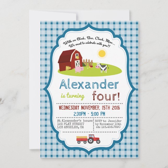 MIT OINK, BAA, CLUCK, MOO FARM GEBURTSTAG EINLADUNG (Vorderseite)