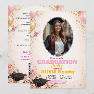 🎓Mit QR-Code Rosa & Luftballon Glow-Abschlussfeie Einladung