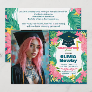🎓Mit QR-Code Tropical Bloom Einzelnes Foto Einladung