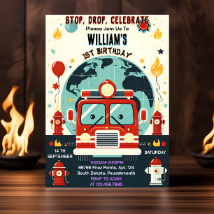 Mit Red Hot Fire Truck Motor Sicherheit 1. Geburts Einladung