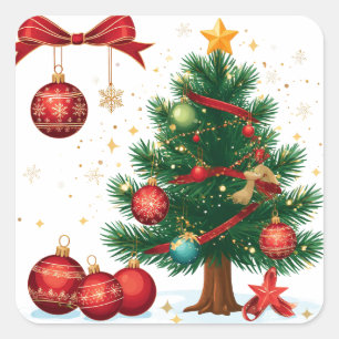 Mit roten Ornamenten geschmückter Weihnachtsbaum Quadratischer Aufkleber