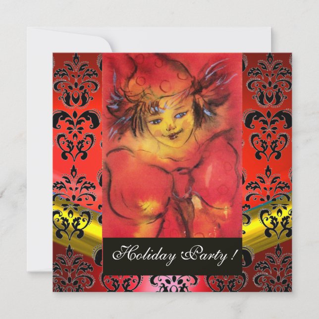 MIT ROTER BOW SCHWARZ GOLD DAMASK MONOGRAM Ruby GE Einladung (Vorderseite)