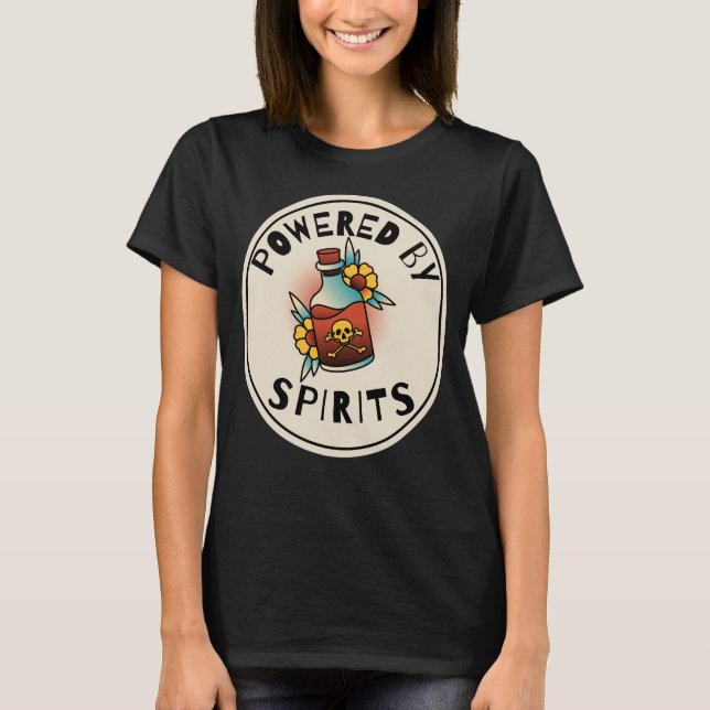 Mit Spirituosen angetriebene Schädelflasche T-Shirt (Vorderseite)