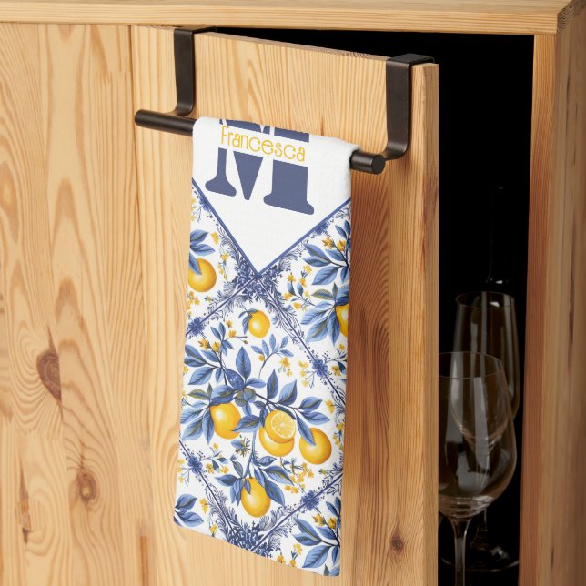 Mit Text und 🍋 Lemon Azulejo in blau Geschirrtuch (Drittel gefaltet)