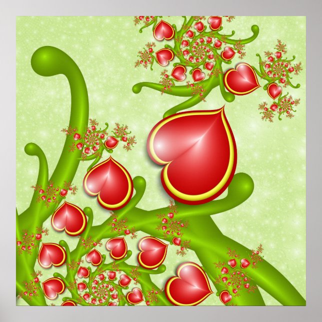 Mit viel Liebe Rot Gelbe Herzen Fraktal Kunst Poster (Vorne)