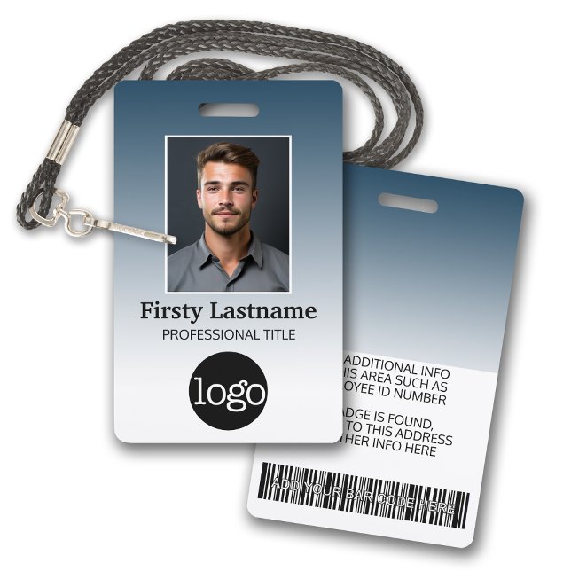 Mitarbeiter - Foto, Barcode, Logo, Namensgradient Ausweis (Employee Badge with Gradient Background. Add a photo and logo to this name tag with blue accents.)
