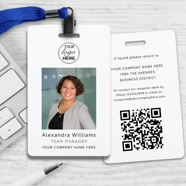 Mitarbeiter-Foto-ID Firmenlogo QR-Code Sicherheit Ausweis (Employee photo ID company logo and security QR code lanyard badge modern Black and white design)
