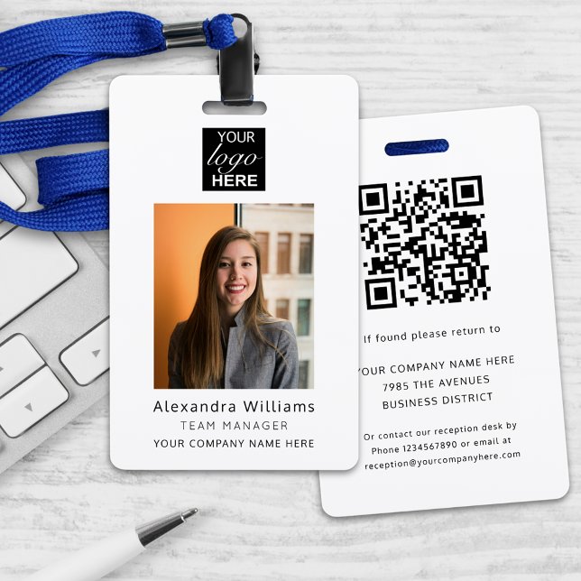 Mitarbeiter-Foto-ID Firmensicherheitscode Ausweis (Modern custom business employer photo ID security badge with qr code and name job title lanyard)
