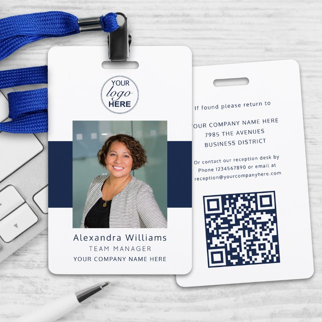 Mitarbeiter-Foto-ID Ihr Logo hier QR-Codesicherhei Ausweis (Navy blue and white custom employee photo id company logo and qr code scan security badge lanyard)