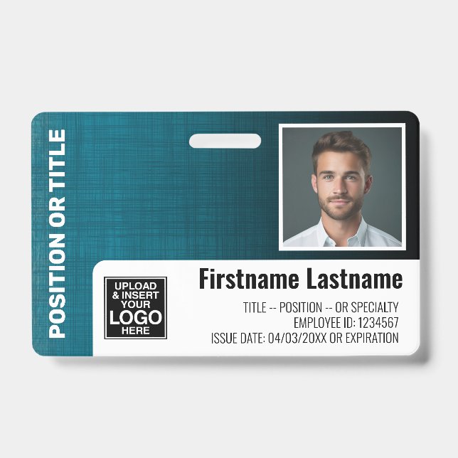 Mitarbeiter-Foto-ID-Logo Bar moderner Leinen blau Ausweis (Vorderseite)
