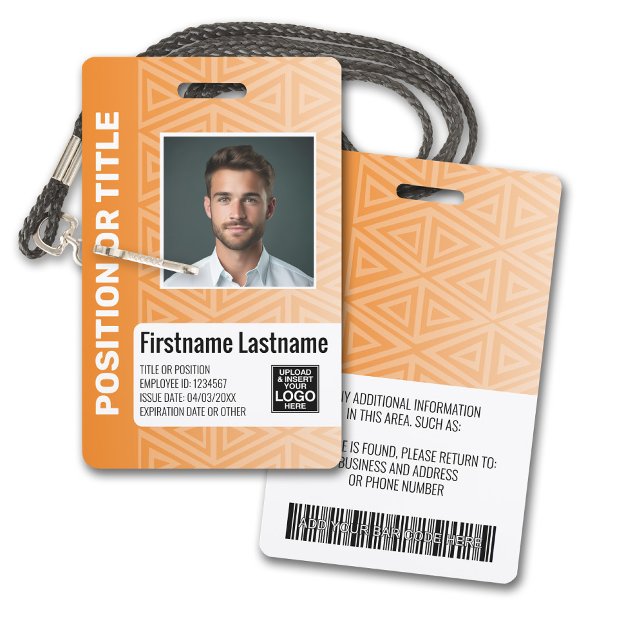 Mitarbeiter-Foto-ID - moderner Stamm-, Logo-Bar Ausweis (Plastic ID Badge - Customize with Employee Photo and Credentials. Orange Tribal Pattern Accents)