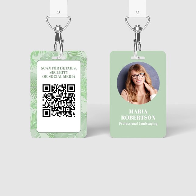 Mitarbeiter Foto QR Code Green Palm Ausweis (Employee photo business badge with botanical palm leaves. )