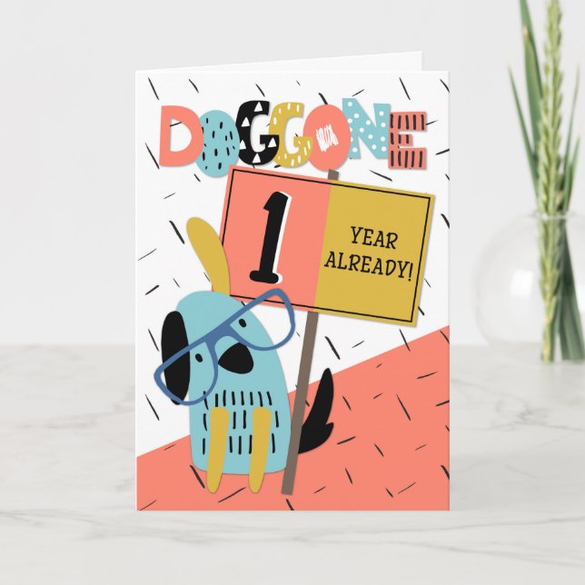 Mitarbeiter Jahrestag 1 Jahr Comic Hund Karte (Vorderseite)