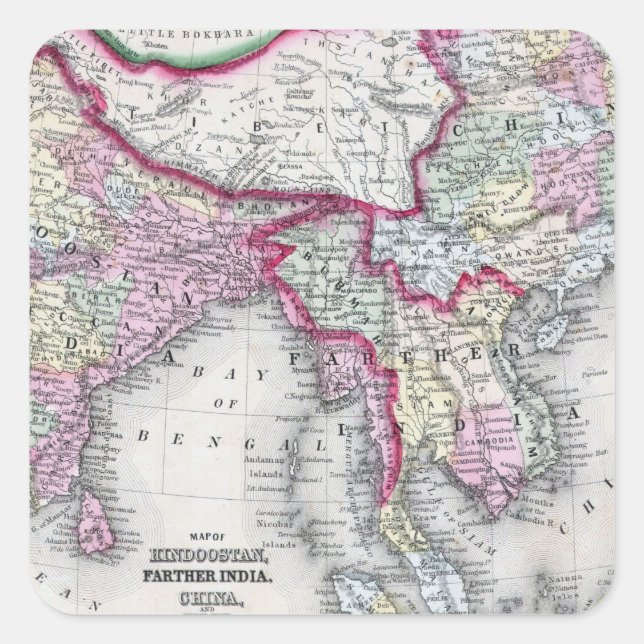 Mitchell Map | Indien, Tibet, China & SE Asien Quadratischer Aufkleber (Vorderseite)