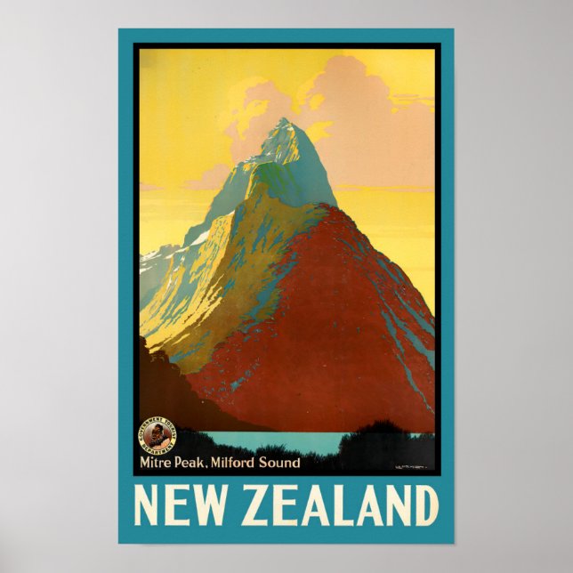 Miter Peak Neuseeland Vintage Reise Poster (Vorne)