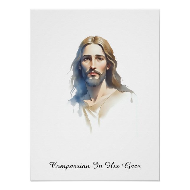Mitgefühl in seinem Blick - Jesus Aquarell Malerei Poster (Vorderseite)