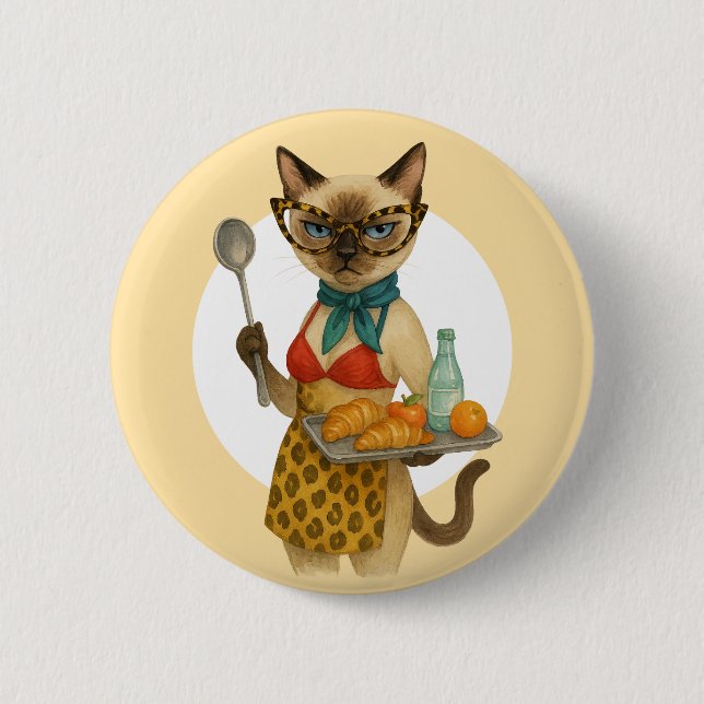 Mittagessen-Lady serviert Essen für Katzenliebhabe Button (Vorderseite)