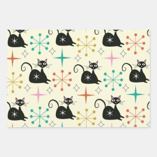 Mitte des Jahrhunderts atomare Katze mit Sternenex Geschenkpapier Set