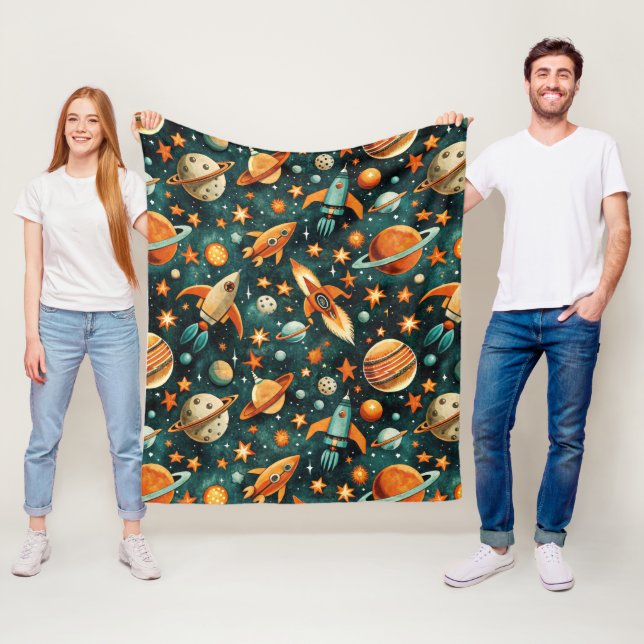 Mitte des Jahrhunderts Atomic Space Orange Teal Pl Fleecedecke (Beispiel)