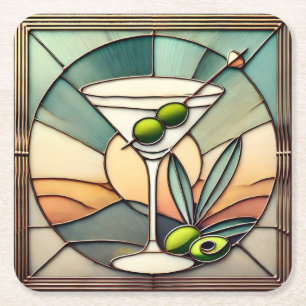 Mitte des Jahrhunderts Buntglas 2 Olive Martini Rechteckiger Pappuntersetzer