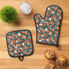 Mitte des Jahrhunderts geometrisches Türkis- und O Ofenhandschuh & Topflappen-Set