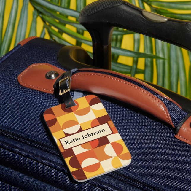 Mitte des Jahrhunderts Halbkreise gelbe orangefarb Gepäckanhänger (Vorderseite Insitu 1)