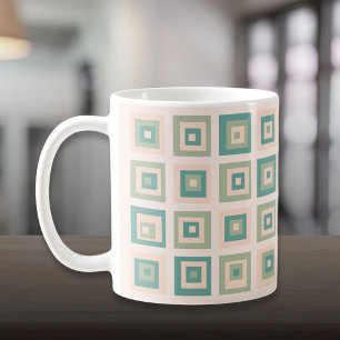 Mitte des Jahrhunderts Moderne Creme Grün Quadrate Kaffeetasse