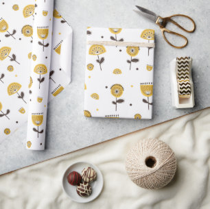 Mitte des Jahrhunderts moderne gelbe Blumengestalt Geschenkpapier
