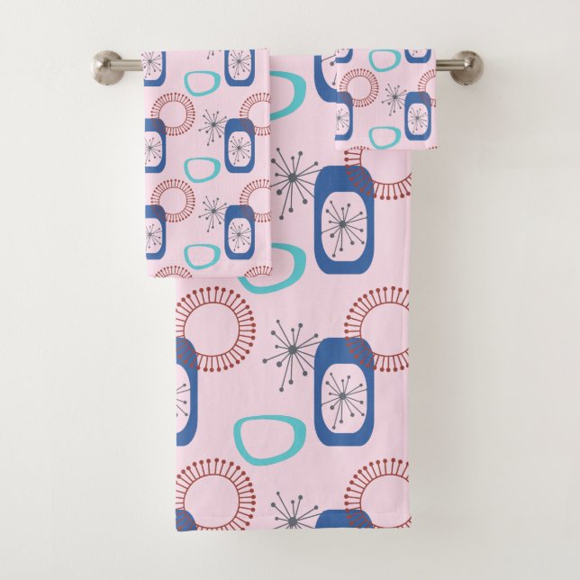 Mitte des Jahrhunderts Moderne rosa Atomwaffen Ste Badhandtuch Set (Insitu)