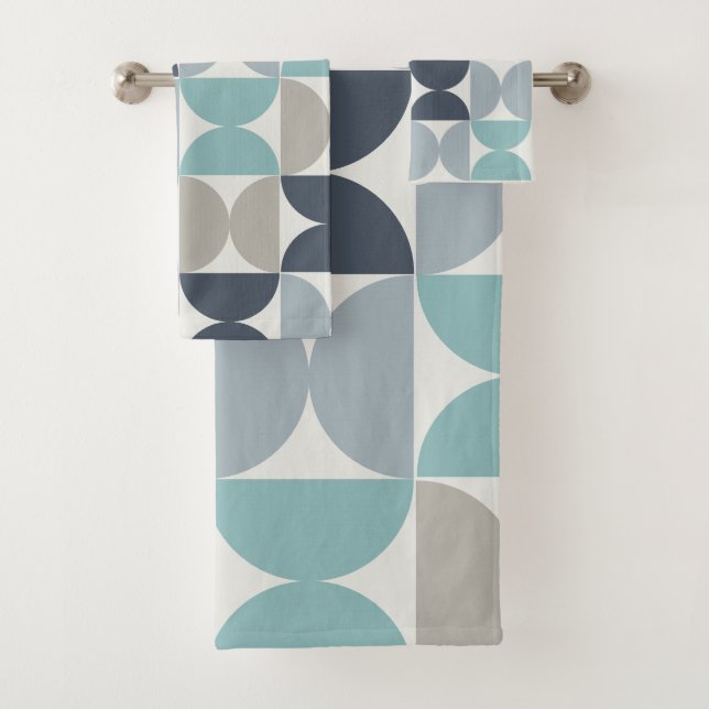 Mitte des Jahrhunderts Modernes Blau und Grau Badhandtuch Set (Insitu)