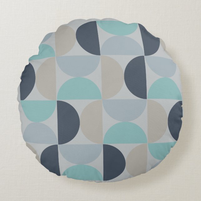 Mitte des Jahrhunderts Modernes Blau und Grau Rundes Kissen (Vorderseite)