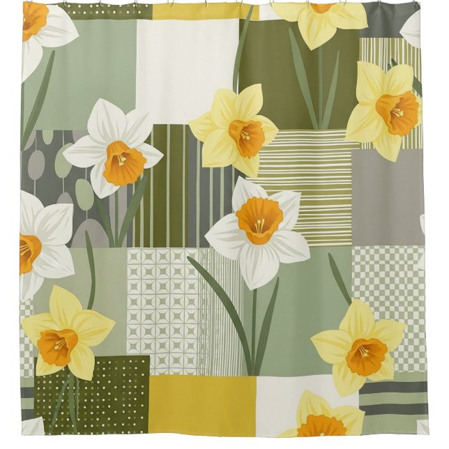 Mitte des Jahrhunderts Narzissen-Blumenmuster Duschvorhang (Vorderseite)