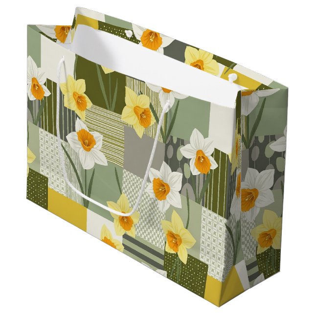 Mitte des Jahrhunderts Narzissen-Blumenmuster Große Geschenktüte (Vorderseite Schrägansicht)