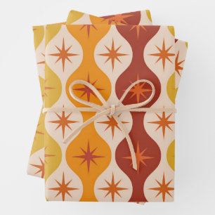Mitte des Jahrhunderts Orange Sternenexplosionen a Geschenkpapier Set